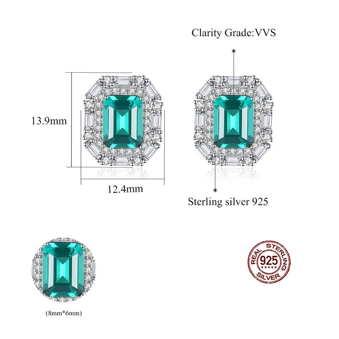 Emerald Gemstone Princess Cut Stud Silver Earrings Mystic Flavia Earrings