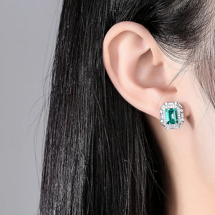 Emerald Gemstone Princess Cut Stud Silver Earrings Mystic Flavia Earrings