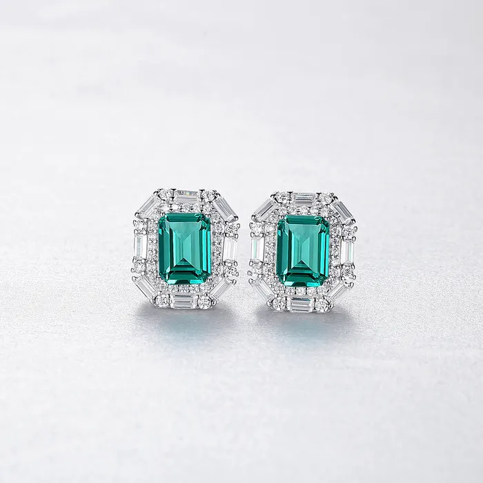 Emerald Gemstone Princess Cut Stud Silver Earrings Mystic Flavia Earrings