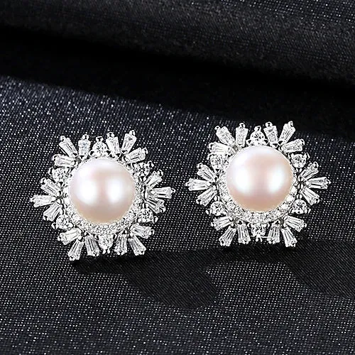 Mystic Flavia Earrings Snowflake Natural Pearl Paved Zircon Silver Earrings