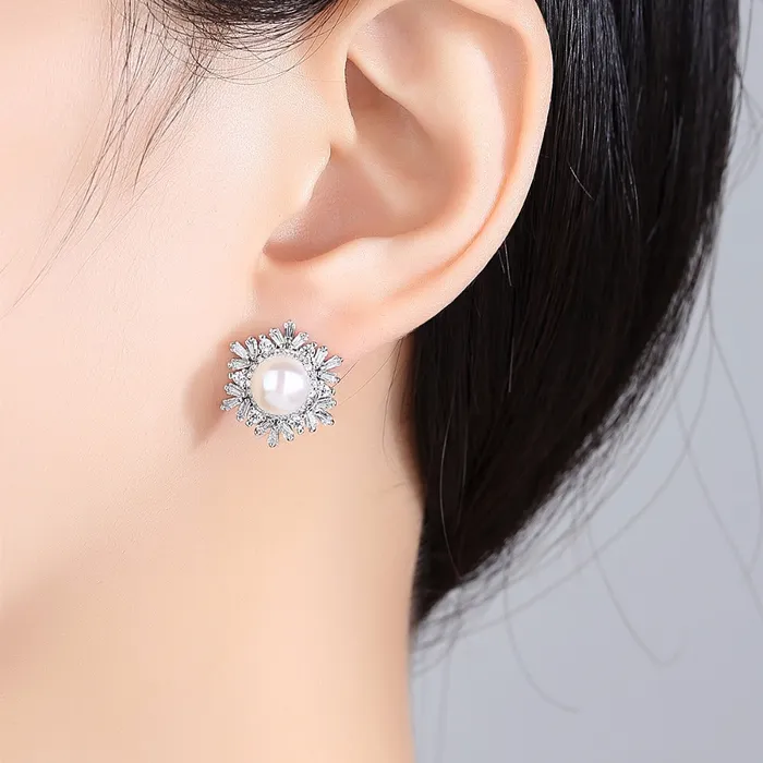 Mystic Flavia Earrings Snowflake Natural Pearl Paved Zircon Silver Earrings