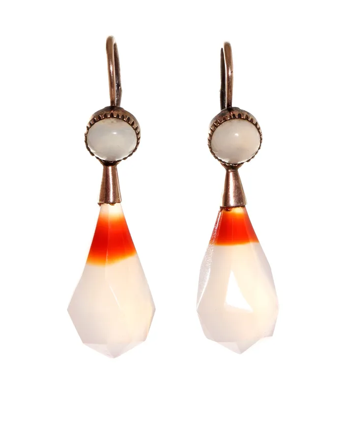 Early Victorian Banded Chalcedony Agate Day Night Earrings Bell Bird Antiques Earrings