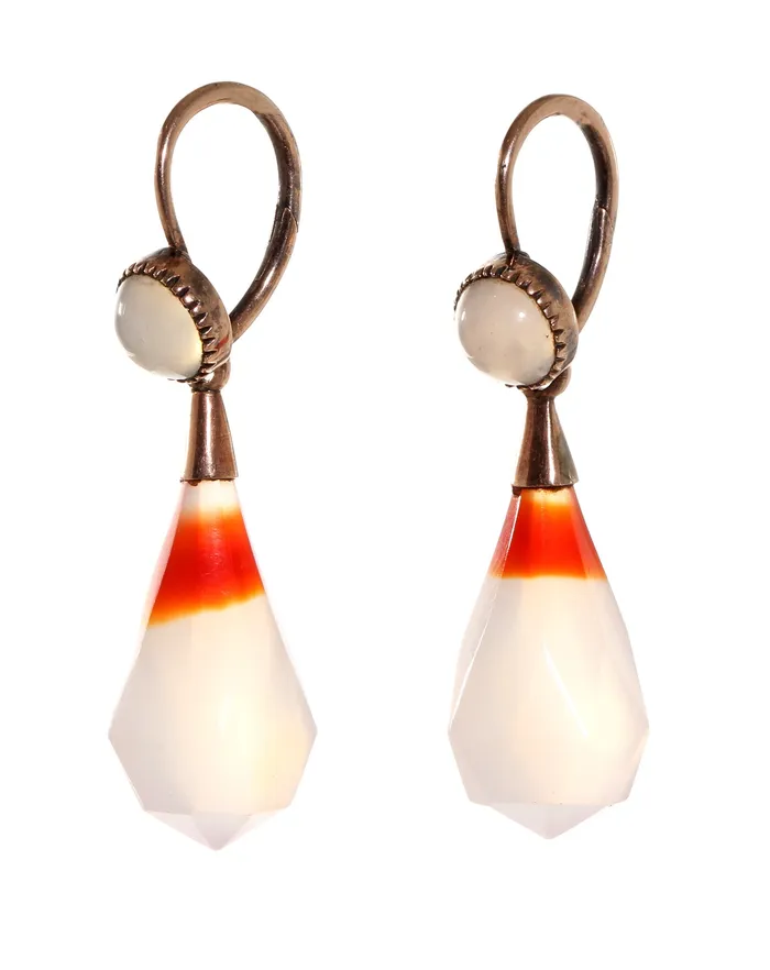 Early Victorian Banded Chalcedony Agate Day Night Earrings Bell Bird Antiques Earrings