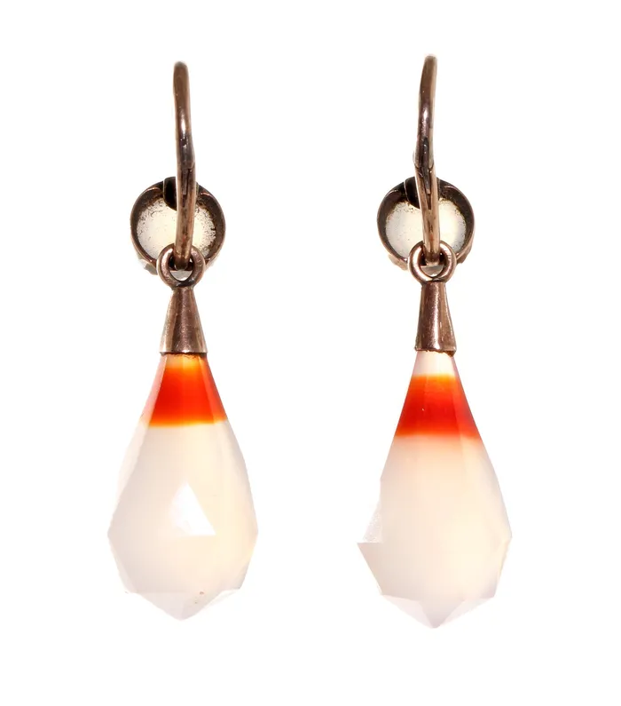 Early Victorian Banded Chalcedony Agate Day Night Earrings Bell Bird Antiques Earrings