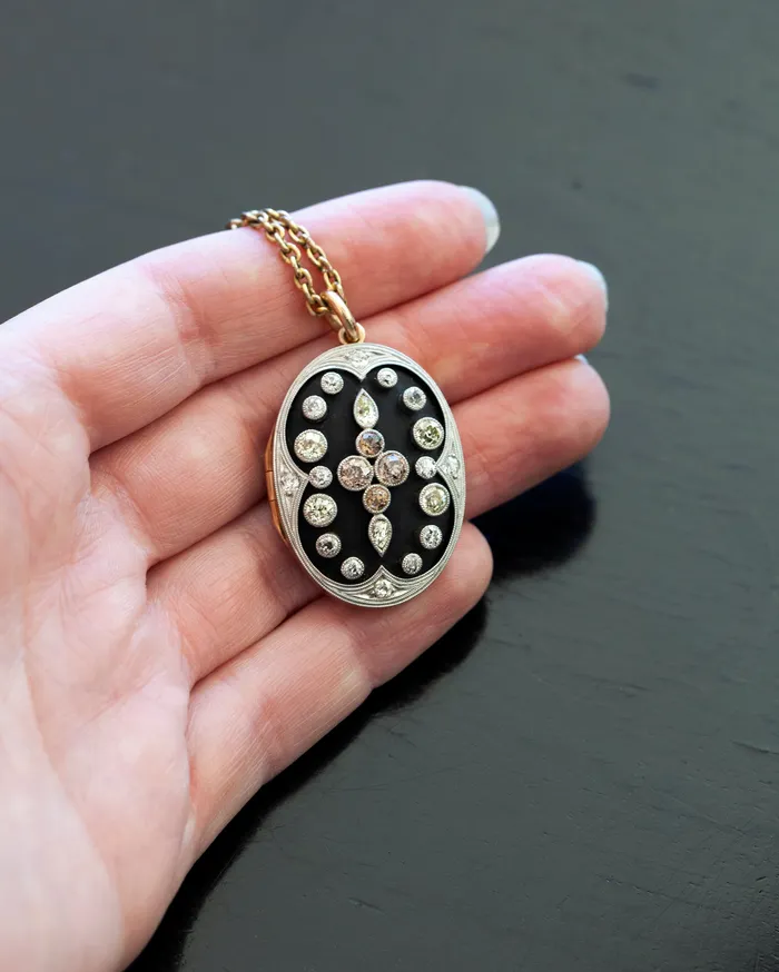 Necklaces Bell Bird Antiques Art Deco Colored Diamond and Onyx Locket