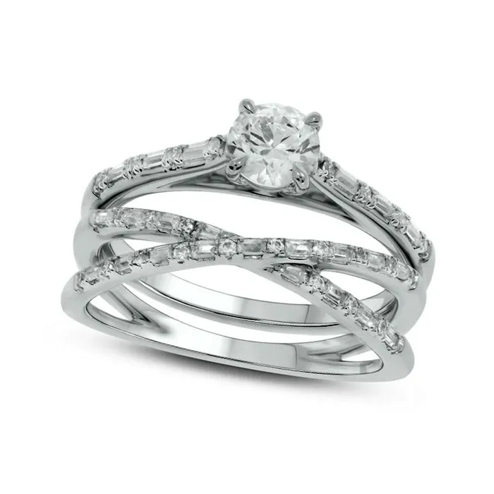075 CT TW Baguette and Round Natural Diamond Alternating Crossover Bridal Engagement Ring Set in Solid 10K White Gold Goldia Rings 075 CT TW Baguette and Round Natural Diamond Alternating Crossover Bridal Engagement Ring Set in Solid 10K White Gold Goldia Rings
