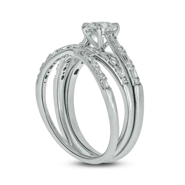 075 CT TW Baguette and Round Natural Diamond Alternating Crossover Bridal Engagement Ring Set in Solid 10K White Gold Goldia Rings 075 CT TW Baguette and Round Natural Diamond Alternating Crossover Bridal Engagement Ring Set in Solid 10K White Gold Goldia Rings
