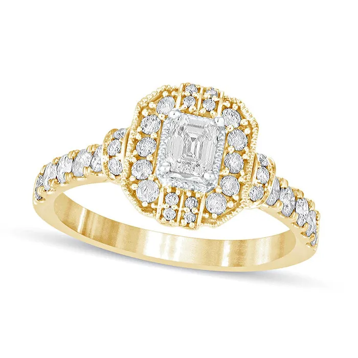 10 CT TW EmeraldCut Natural Diamond Octagonal Frame Engagement Ring in Solid 14K Gold Goldia Rings 10 CT TW EmeraldCut Natural Diamond Octagonal Frame Engagement Ring in Solid 14K Gold Goldia Rings