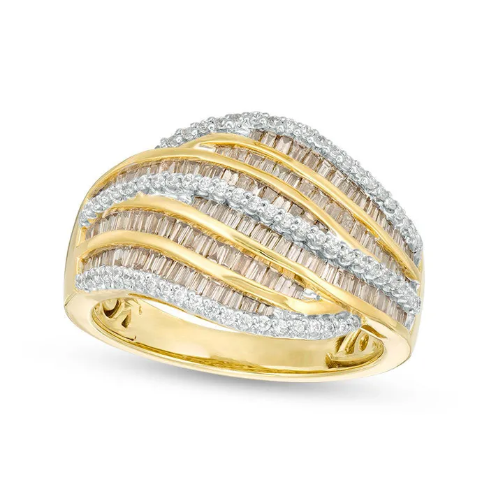 113 CT TW Champagne and White Natural Diamond MultiRow Wave Ring in Solid 10K Yellow Gold Goldia Rings 113 CT TW Champagne and White Natural Diamond MultiRow Wave Ring in Solid 10K Yellow Gold Goldia Rings