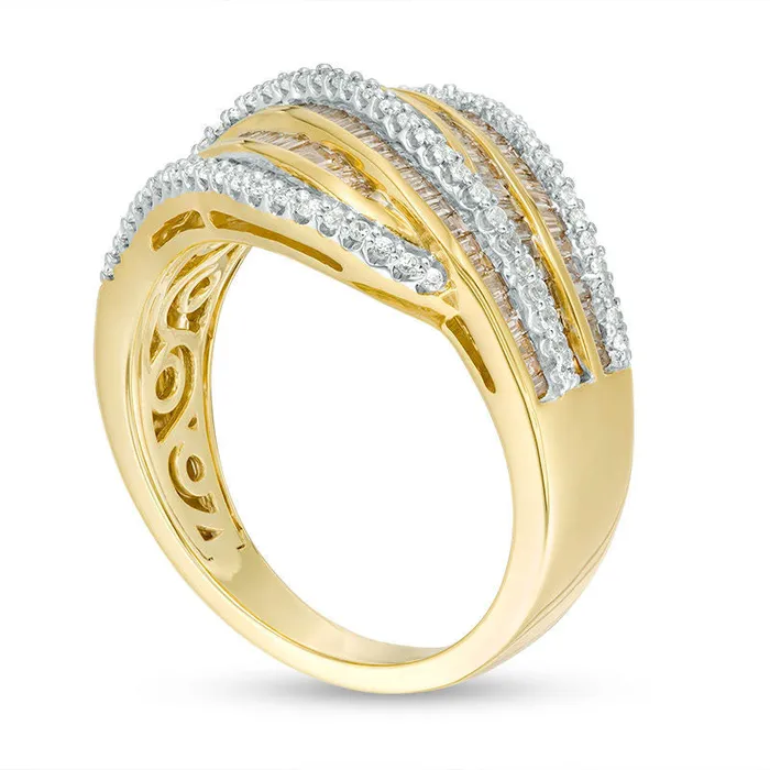 113 CT TW Champagne and White Natural Diamond MultiRow Wave Ring in Solid 10K Yellow Gold Goldia Rings 113 CT TW Champagne and White Natural Diamond MultiRow Wave Ring in Solid 10K Yellow Gold Goldia Rings