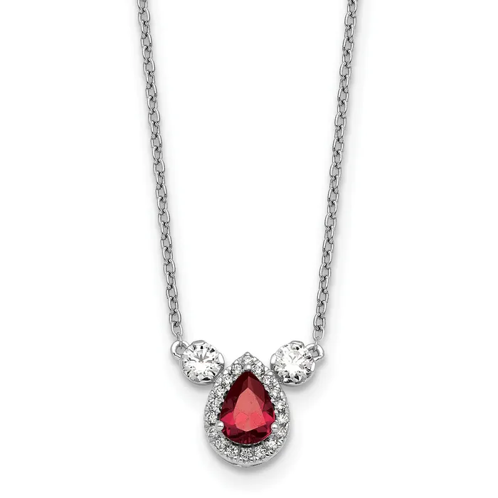 14k White Gold 12 Ct Lab Grown Diamond VSSI G and Created Ruby Three Stone 16 inch Necklace Goldia Necklaces