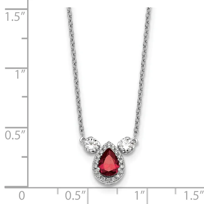 14k White Gold 12 Ct Lab Grown Diamond VSSI G and Created Ruby Three Stone 16 inch Necklace Goldia Necklaces