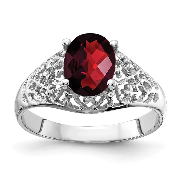 14k White Gold 8x6mm Oval Garnet Checker ring Goldia Rings