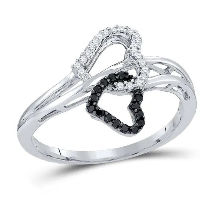 14k White Gold Black Round Diamond Double Heart Ring 16 Cttw gndatlanta Rings 14k White Gold Black Round Diamond Double Heart Ring 16 Cttw gndatlanta Rings