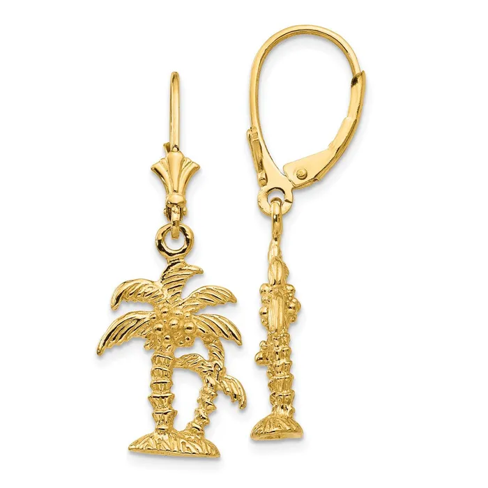 14k Yellow Gold 3D Double Palm Trees Leverback Earrings Goldia Earrings