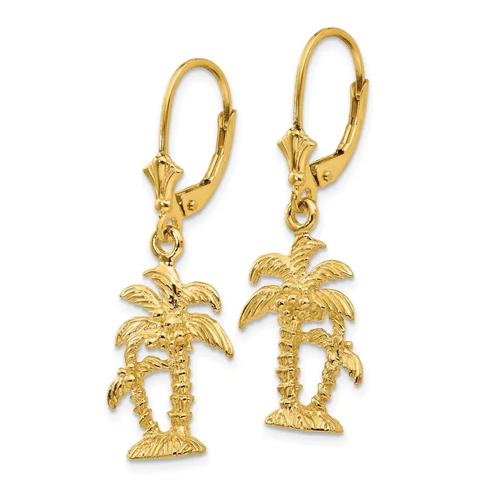 14k Yellow Gold 3D Double Palm Trees Leverback Earrings Goldia Earrings