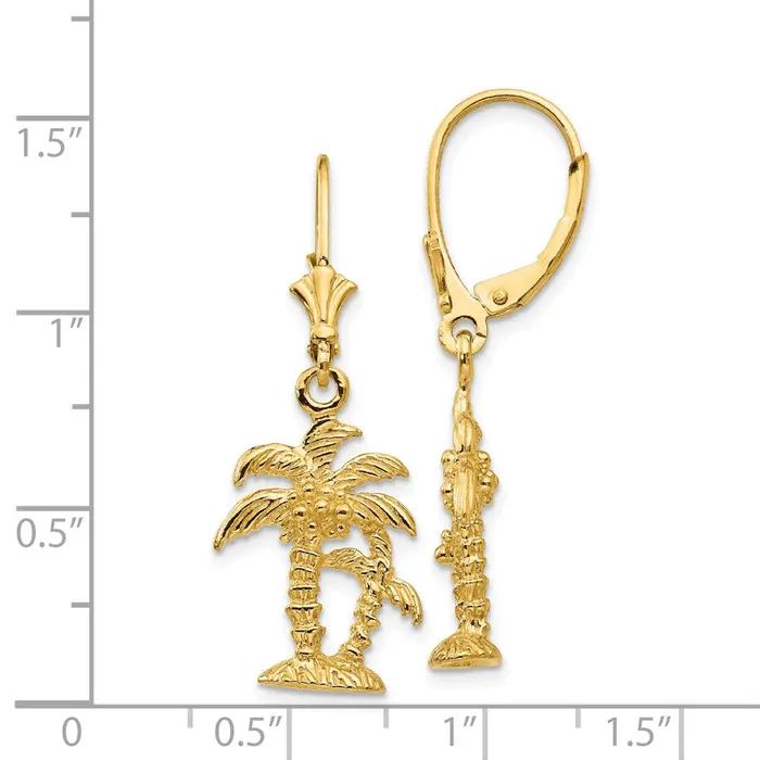 14k Yellow Gold 3D Double Palm Trees Leverback Earrings Goldia Earrings