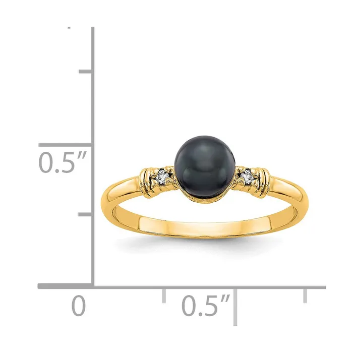 14K Yellow Gold 5mm Black FW Cultured Pearl AA Real Diamond ring Goldiacom Rings