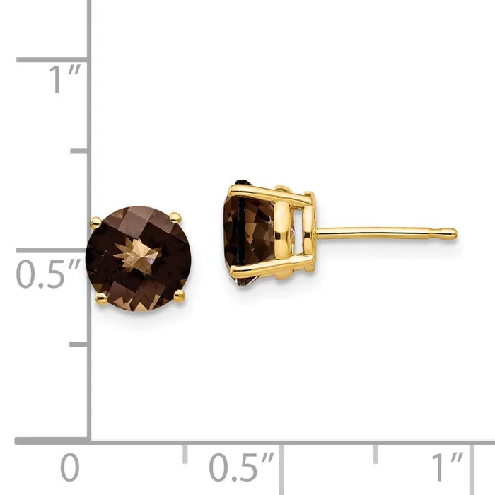 14k Yellow Gold 7mm Round CheckerCut Smok Yellow Gold Quartz Earrings Goldia Earrings