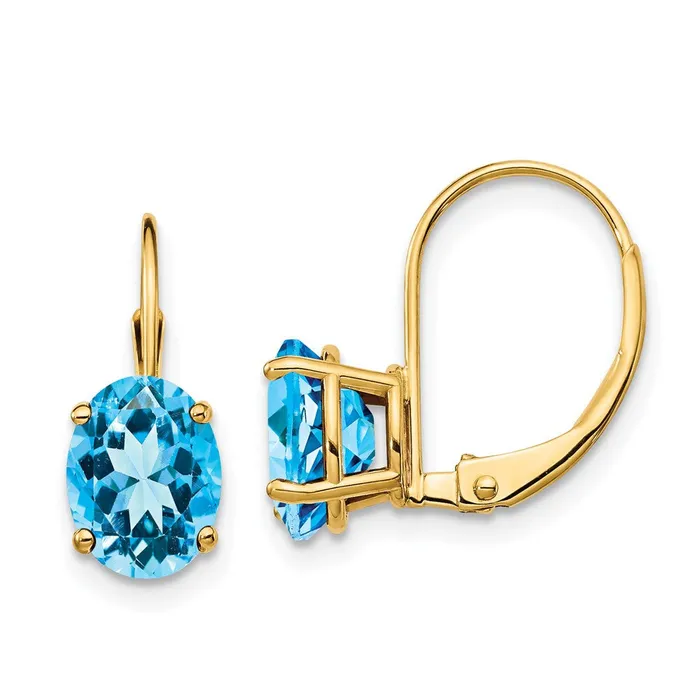 14k Yellow Gold 8x6mm Oval Blue Topaz Leverback Earrings Goldia Earrings