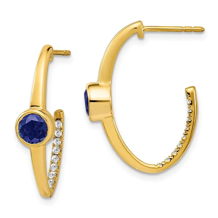 14k Yellow Gold Created Sapphire and Real Diamond JHoop Earrings Goldia Earrings 14k Yellow Gold Created Sapphire and Real Diamond JHoop Earrings Goldia Earrings