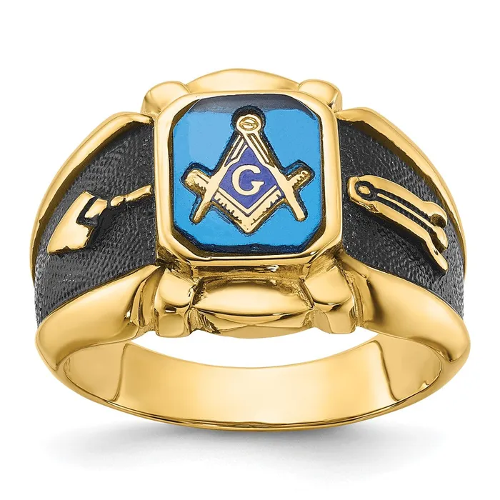 14k Yellow Gold Mens Polished Antiqued and Textured with Imitation Blue Spinel Masonic Ring Goldia Rings 14k Yellow Gold Mens Polished Antiqued and Textured with Imitation Blue Spinel Masonic Ring Goldia Rings