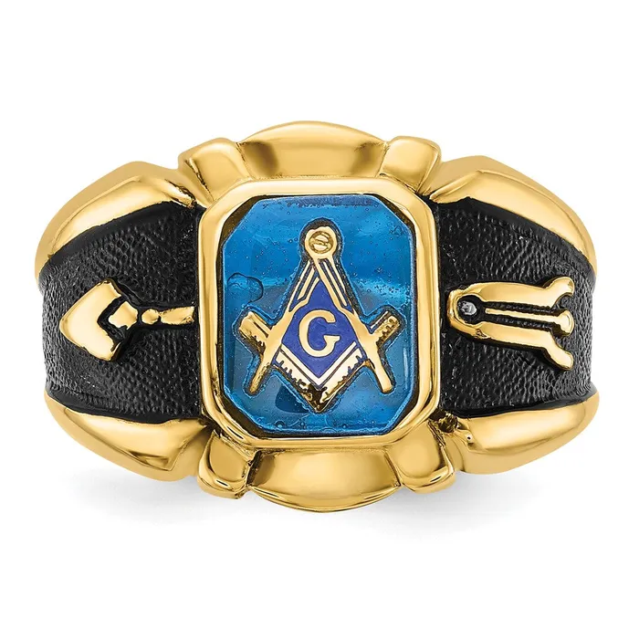 14k Yellow Gold Mens Polished Antiqued and Textured with Imitation Blue Spinel Masonic Ring Goldia Rings
