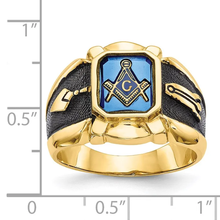 14k Yellow Gold Mens Polished Antiqued and Textured with Imitation Blue Spinel Masonic Ring Goldia Rings