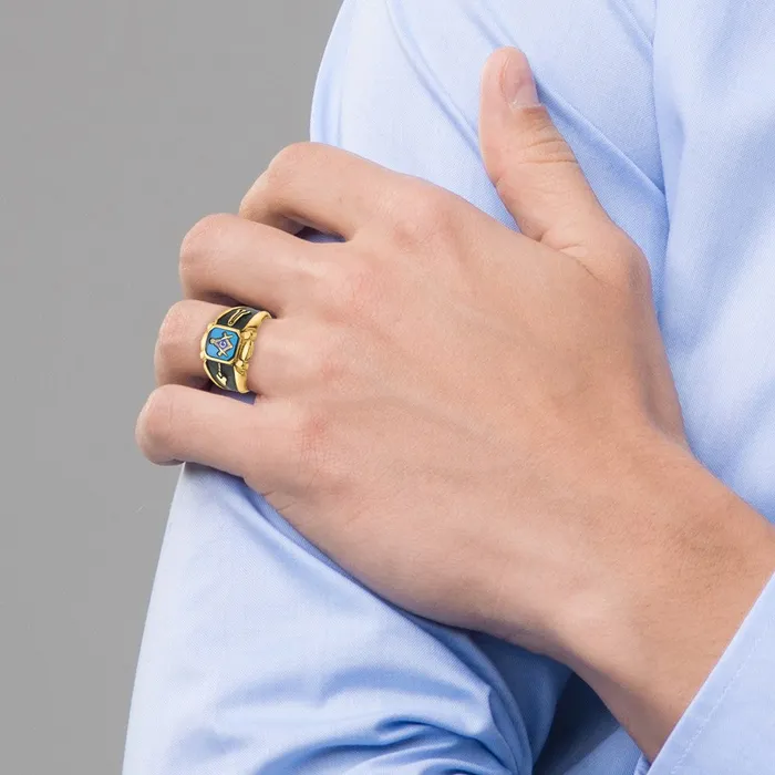 14k Yellow Gold Mens Polished Antiqued and Textured with Imitation Blue Spinel Masonic Ring Goldia Rings