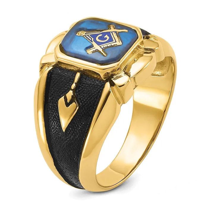 14k Yellow Gold Mens Polished Antiqued and Textured with Imitation Blue Spinel Masonic Ring Goldia Rings