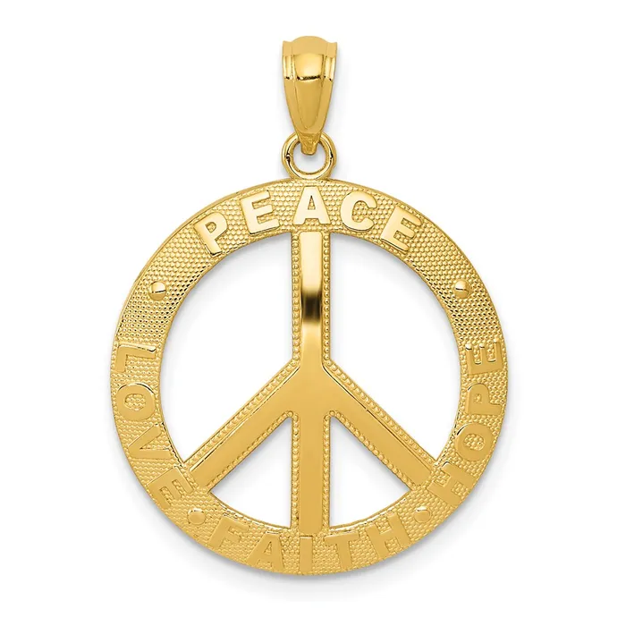 14k Yellow Gold PEACE LOVE FAITH HOPE Peace Sign Pendant Goldia Necklaces