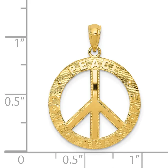 14k Yellow Gold PEACE LOVE FAITH HOPE Peace Sign Pendant Goldia Necklaces