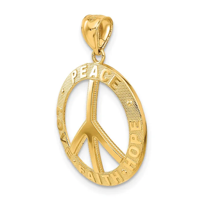 14k Yellow Gold PEACE LOVE FAITH HOPE Peace Sign Pendant Goldia Necklaces