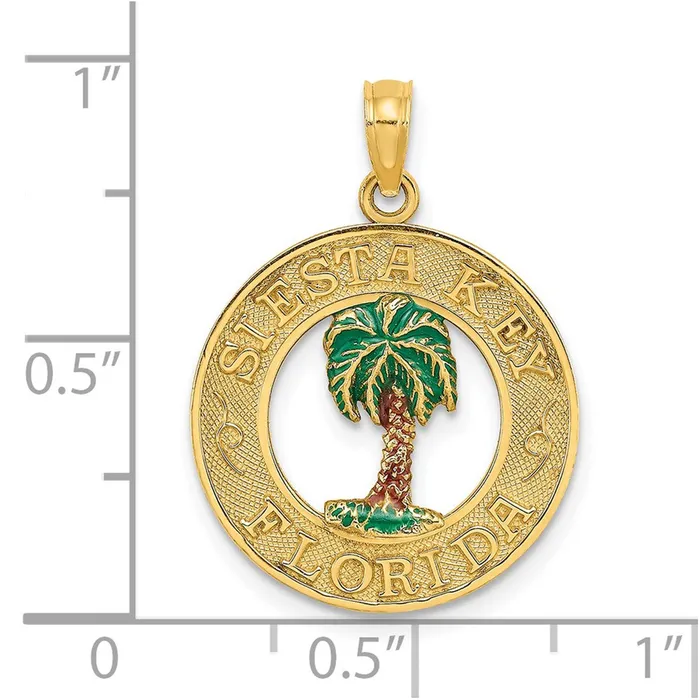 14k Yellow Gold SIESTA KEY FL Enameled Palm Tree Circle Charm Goldia Charm Necklaces