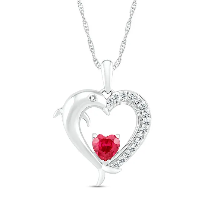 50mm LabCreated Ruby and White LabCreated Sapphire Dolphin Heart Pendant in Sterling Silver Goldia Necklaces