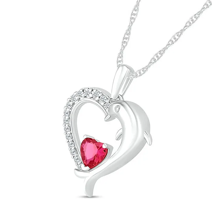 50mm LabCreated Ruby and White LabCreated Sapphire Dolphin Heart Pendant in Sterling Silver Goldia Necklaces 50mm LabCreated Ruby and White LabCreated Sapphire Dolphin Heart Pendant in Sterling Silver Goldia Necklaces