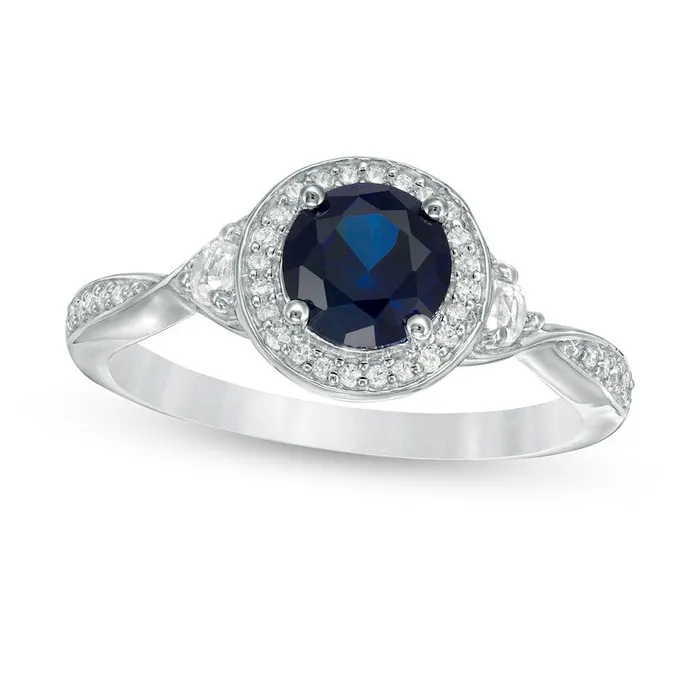 60mm LabCreated Blue and White Sapphire with 010 CT TW Diamond Frame Twist Shank Ring in Sterling Silver Goldia Rings 60mm LabCreated Blue and White Sapphire with 010 CT TW Diamond Frame Twist Shank Ring in Sterling Silver Goldia Rings