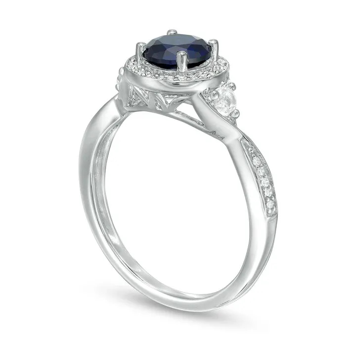 60mm LabCreated Blue and White Sapphire with 010 CT TW Diamond Frame Twist Shank Ring in Sterling Silver Goldia Rings 60mm LabCreated Blue and White Sapphire with 010 CT TW Diamond Frame Twist Shank Ring in Sterling Silver Goldia Rings