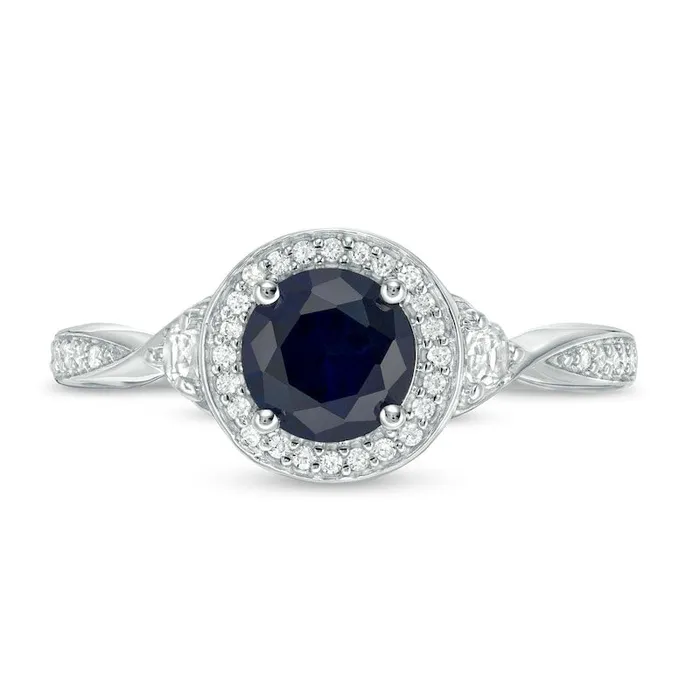 60mm LabCreated Blue and White Sapphire with 010 CT TW Diamond Frame Twist Shank Ring in Sterling Silver Goldia Rings 60mm LabCreated Blue and White Sapphire with 010 CT TW Diamond Frame Twist Shank Ring in Sterling Silver Goldia Rings