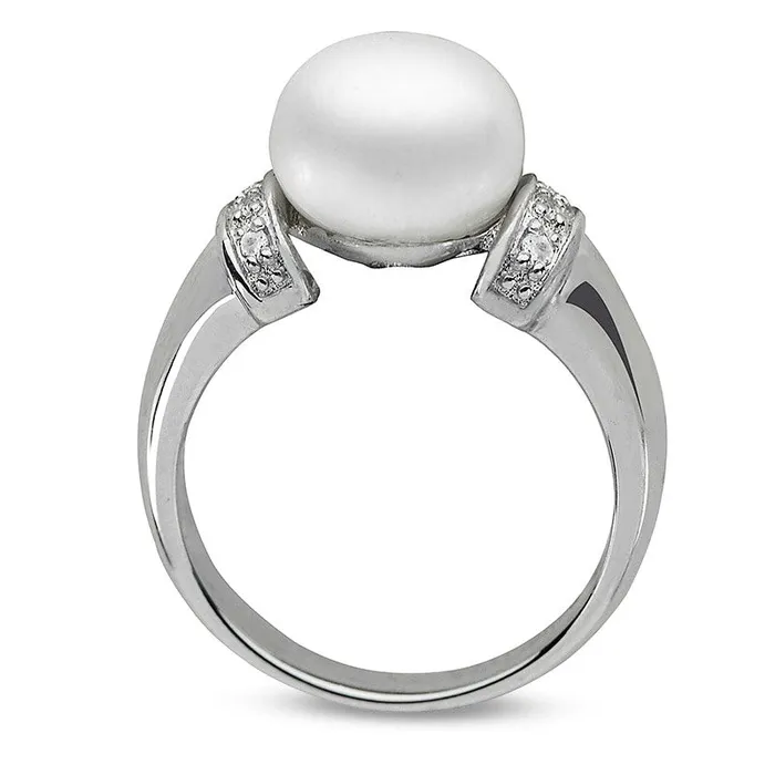 90 100mm Button Cultured Freshwater Pearl and White Topaz Collar Ring in Sterling Silver Goldia Rings