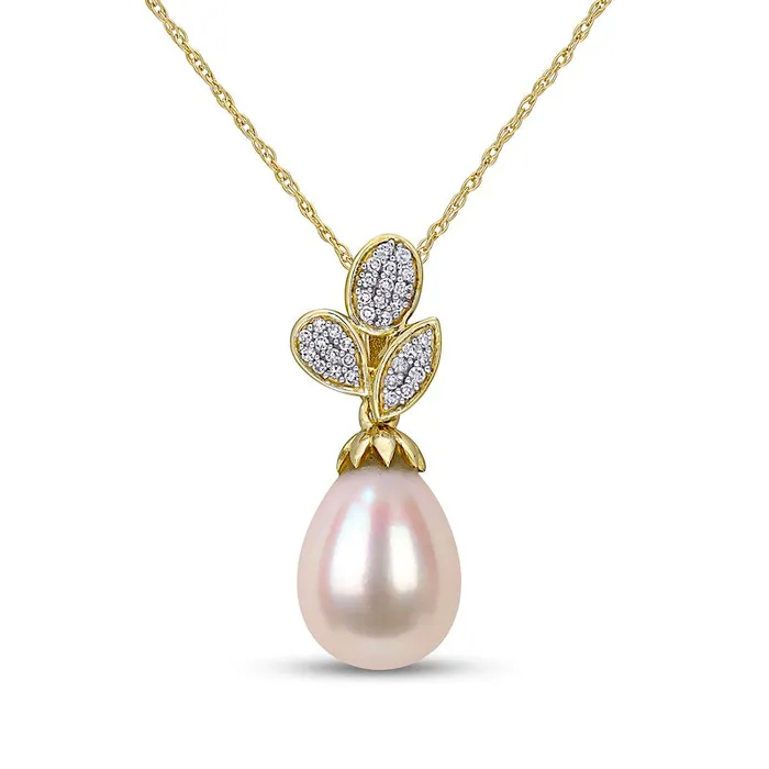 9095mm Baroque Cultured Freshwater Pearl and 01 CT TW Natural Diamond Leaf Drop Pendant in 10K Yellow Gold 17 Goldia Earrings 9095mm Baroque Cultured Freshwater Pearl and 01 CT TW Natural Diamond Leaf Drop Pendant in 10K Yellow Gold 17 Goldia Earrings