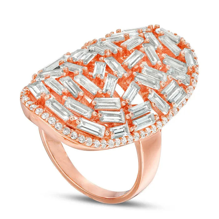 Baguette and Round LabCreated White Sapphire Elongated Oval Cluster Ring in Sterling Silver with Solid 14K Rose Gold Plate Goldia Rings Baguette and Round LabCreated White Sapphire Elongated Oval Cluster Ring in Sterling Silver with Solid 14K Rose Gold Plate Goldia Rings