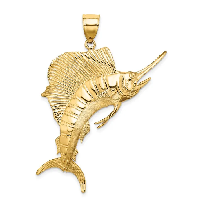Charm Necklaces Goldia 14k Yellow Gold 3D Polished Textured Sailfish Charm