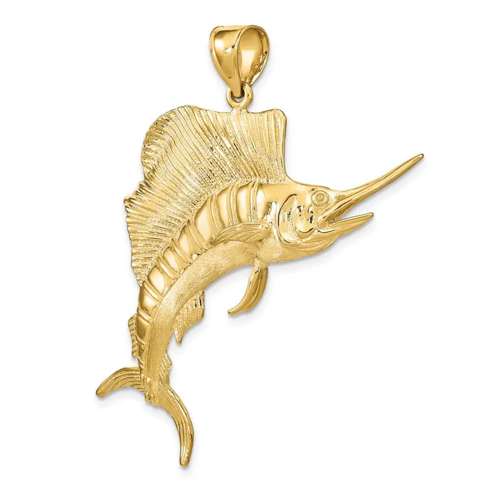 Charm Necklaces Goldia 14k Yellow Gold 3D Polished Textured Sailfish Charm