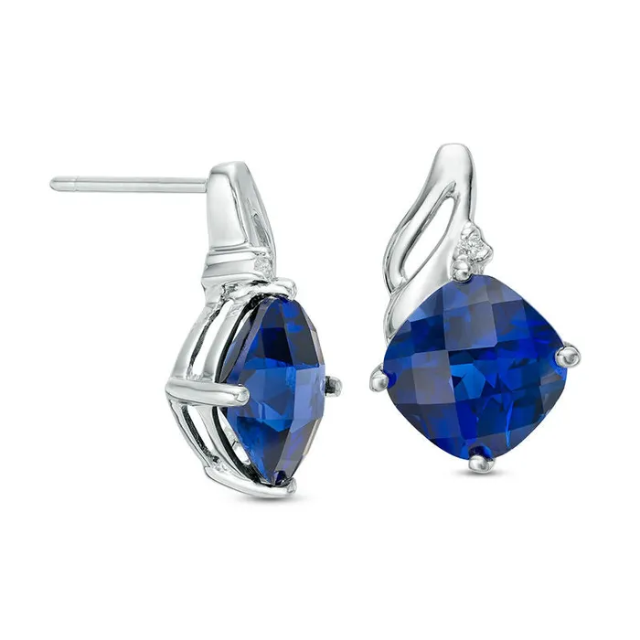 Earrings 80mm CushionCut LabCreated Blue Sapphire and Diamond Accent Drop Earrings in 10K White Gold Goldia Earrings 80mm CushionCut LabCreated Blue Sapphire and Diamond Accent Drop Earrings in 10K White Gold Goldia