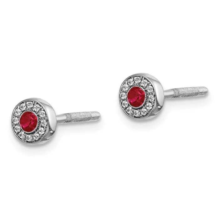 Earrings Goldia Solid 14k White Gold Simulated CZ and Ruby Halo Post Earrings