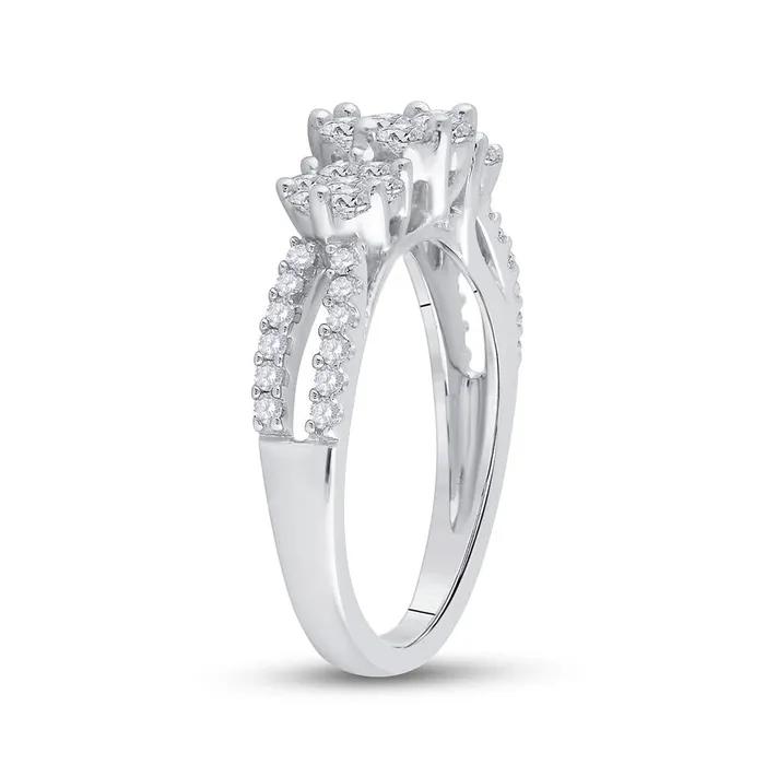 gndatlanta Rings 14k White Gold Round Diamond Triple Flower Cluster Ring 1 Cttw