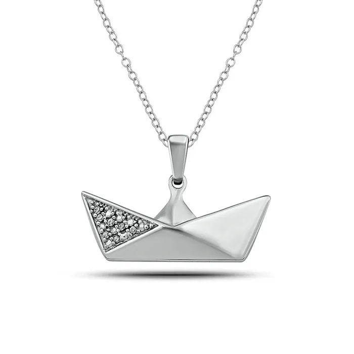 Goldia 005 CT TW Natural Diamond Origami Crown Pendant in Sterling Silver Necklaces Goldia 005 CT TW Natural Diamond Origami Crown Pendant in Sterling Silver Necklaces