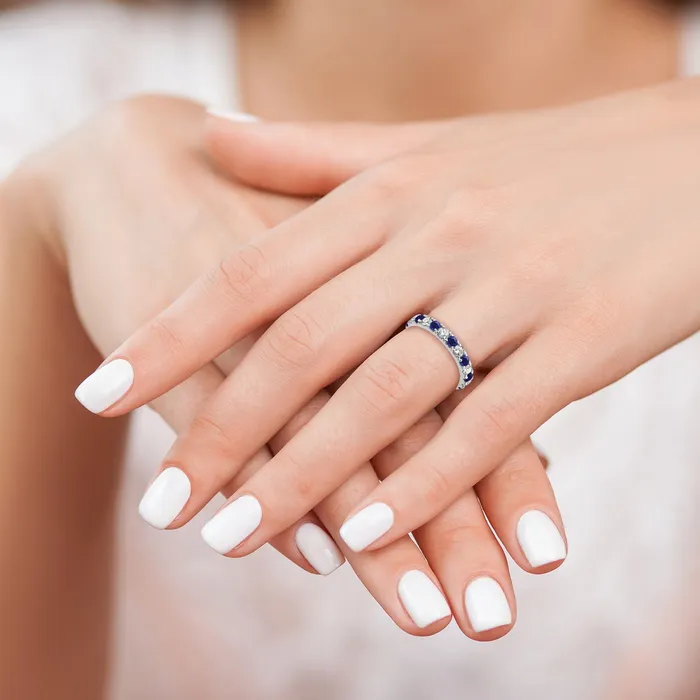 Goldia 14k White Gold 1 Ct Lab Grown Diamond VSSI G and Lab Created Blue Sapphire Eternity Band Ring Rings