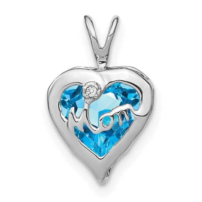Goldia 14k White Gold Blue Topaz and Real Diamond MOM Heart Pendant Necklaces Goldia 14k White Gold Blue Topaz and Real Diamond MOM Heart Pendant Necklaces